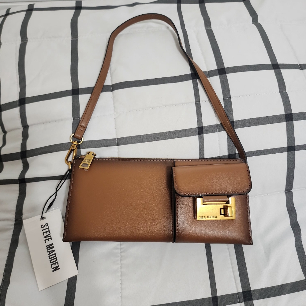 Steve Madden Brown Shoulder Bag with Gold Lock & Top Zip Closure